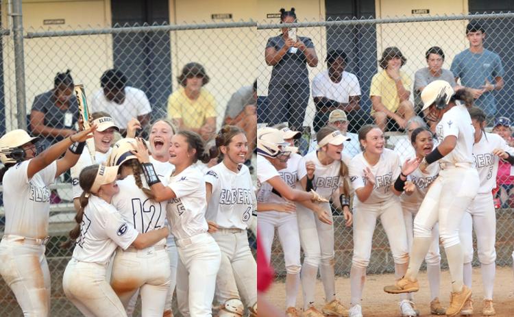 Emily Booth (left) and Ky Dubose (right) were swarmed at the plate by their teammates after giving Elbert the lead with a solo home runs in the fifth inning. (Photos by Wells) 