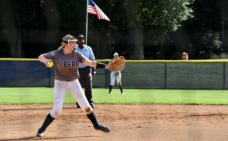 No. 9 Audrey Lunsford throws over to first base after fielding the ball in Elbert’s 14-2 win over Athens Christian Aug. 29. Lunsford finished the game going 2-for-3 at the plate with a home run, two RBIs and three runs. (Photo by Bethany Booth)