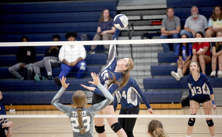Johna Johnson leaps to spike the ball in the Volley Devils’ 2-0 loss to Madison County Aug. 29. (Photo by Wells)