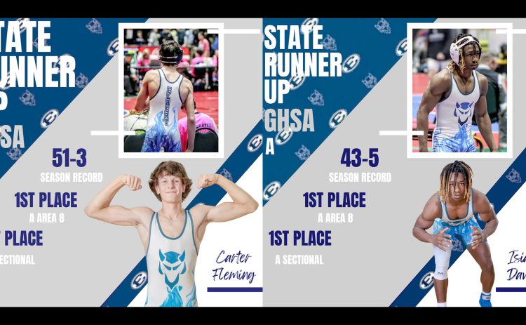 Mat Devil seniors Carter Fleming (left) and Isaiah Davis (right) finished their Elbert County careers as state runners-up at the GHSA Wrestling State Finals held in Macon Feb. 15 through Feb. 17. (Graphics courtesy of Elbert County Blue Devil Wrestling)