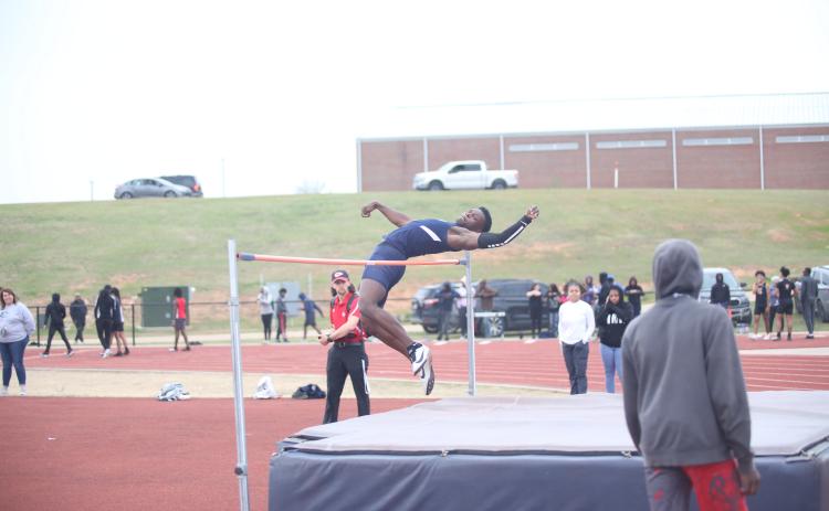 Jermaine Sims clears the high-jump bar during a home meet at Elbert County Middle School. Sims finished in second-place in the high jump at the Region 8A Division 1 championship meet. (File photo by Wells)