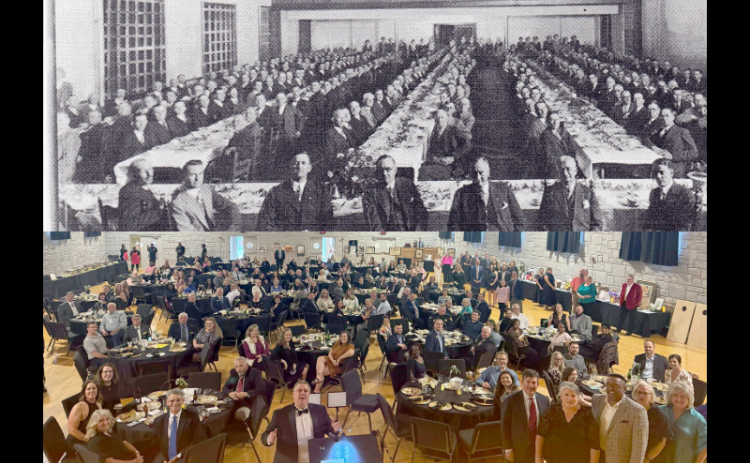 The crowd also recreated the earliest chamber banquet photo from the 1931 Chamber of Commerce banquet (above) by taking a picture during Thursday's banquet (below). Long remarked on the progress the chamber has made over the last 100 years based off the diversity of the pictures alone. 